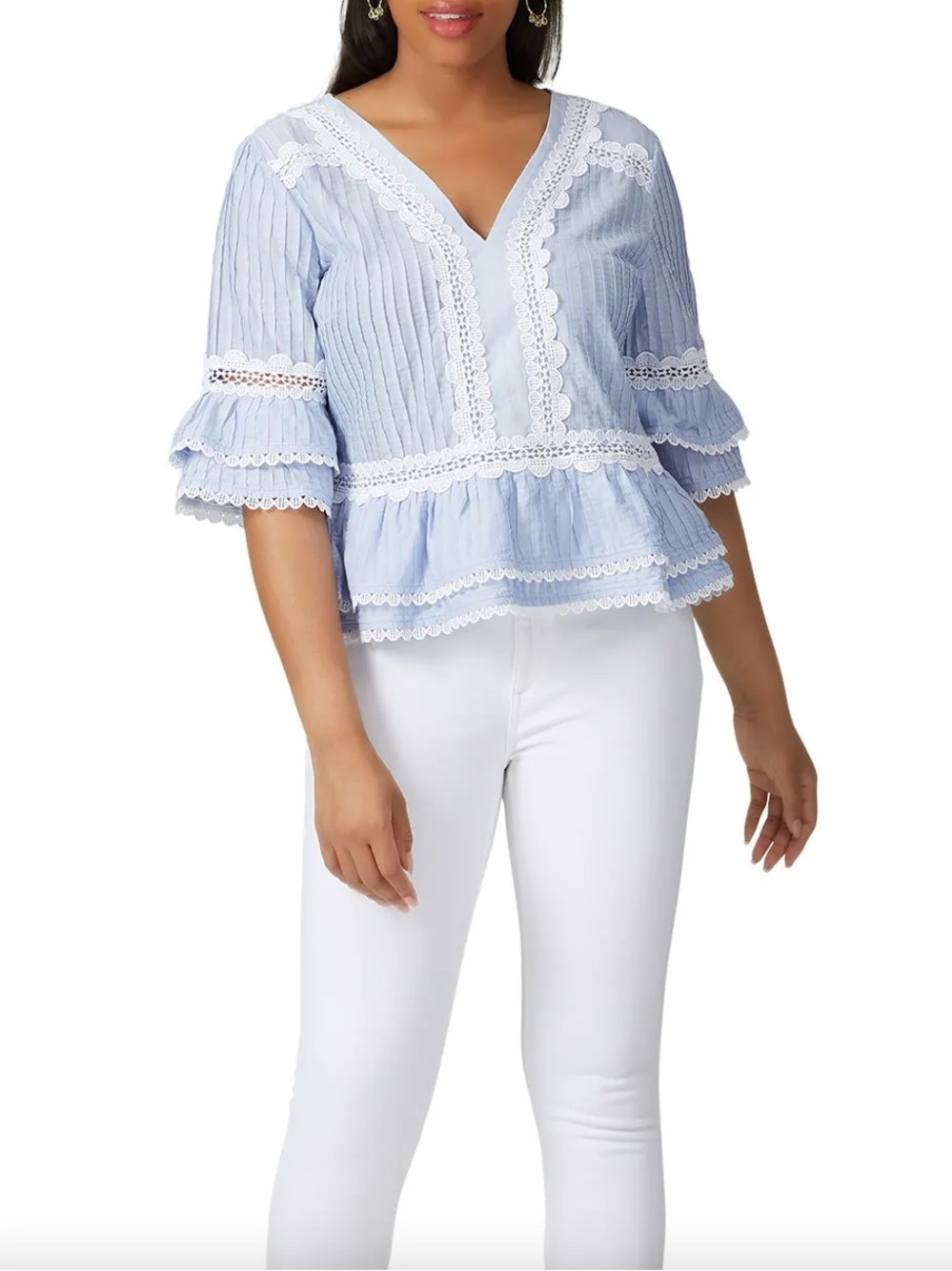 J. Crew Light Blue Peplum Tunic with White Lace Trim